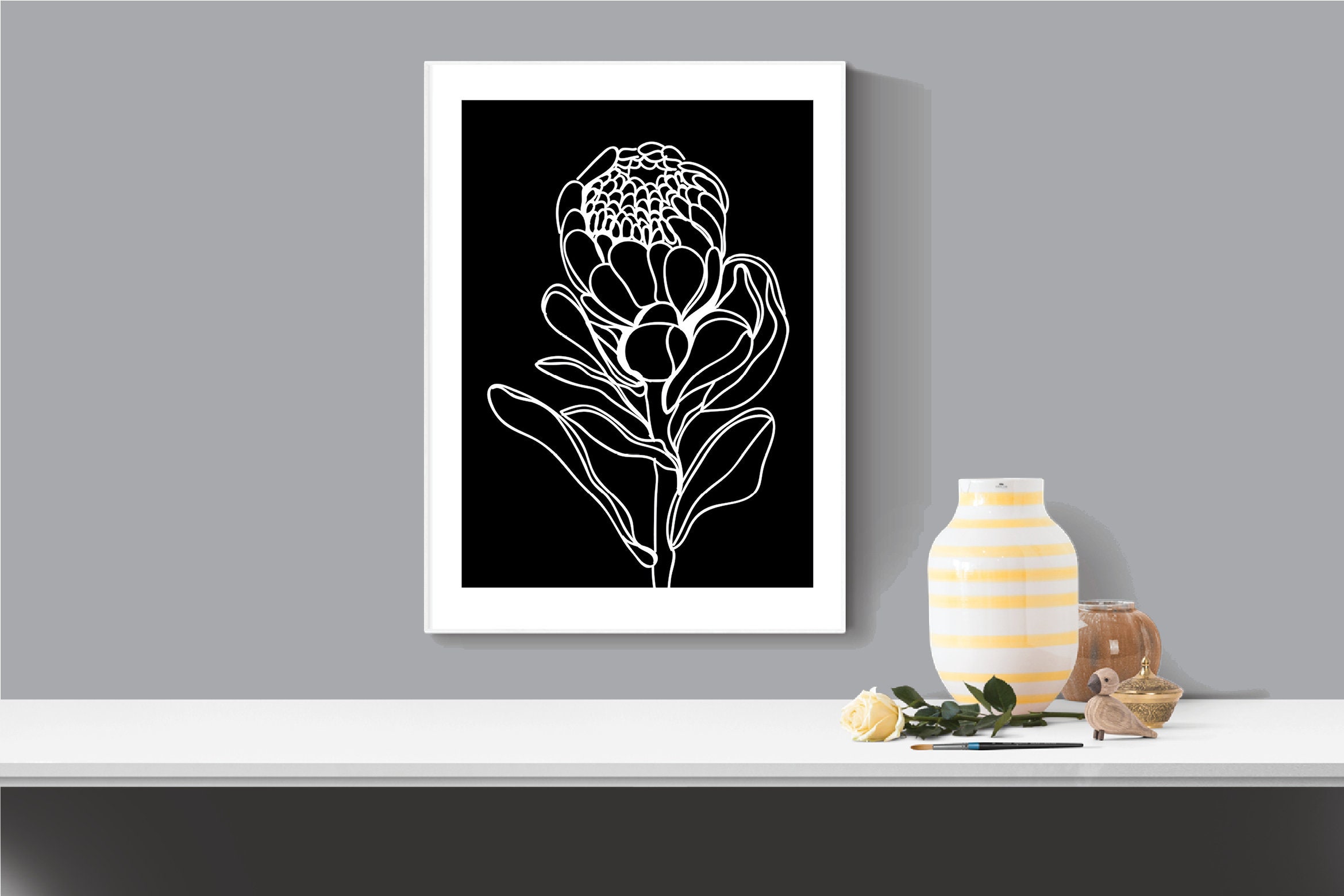 Black and White Protea Flower Wall Art a3 print Australian