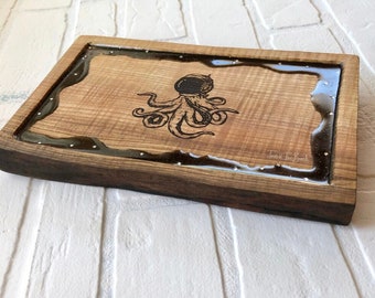 Small Trinket Tray, Starry Night Decorative Catch All Tray, Space Gifts, Engraved Wood, Octopus Art