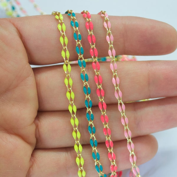Gold enamel chain by the foot - spring colors chain turquoise pink yellow enamel chain - Dainty Multi color enamel chain