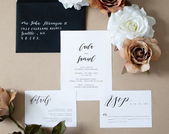 The Caila Wedding Invitation Suite / Printed Wedding Invitation / Calligraphy, Minimalist, Simple Wedding Invitation