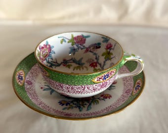 アンティーク ミントン フェルスパー ティーカップ＆ソーサー、手描きシノワズリー 1875年