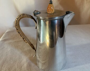 Vintage Silverplate Coffee Pot, Rattan Handle, Pineapple Finial, England 1950s