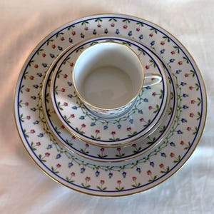 以下が含まれることがあります： 白い磁器のティーセット、花柄。 ティーカップ、ソーサー、パン皿、ディナープレートが含まれています。 プレートとカップは、金色のトリムが付いた青と赤の花柄のデザインです。