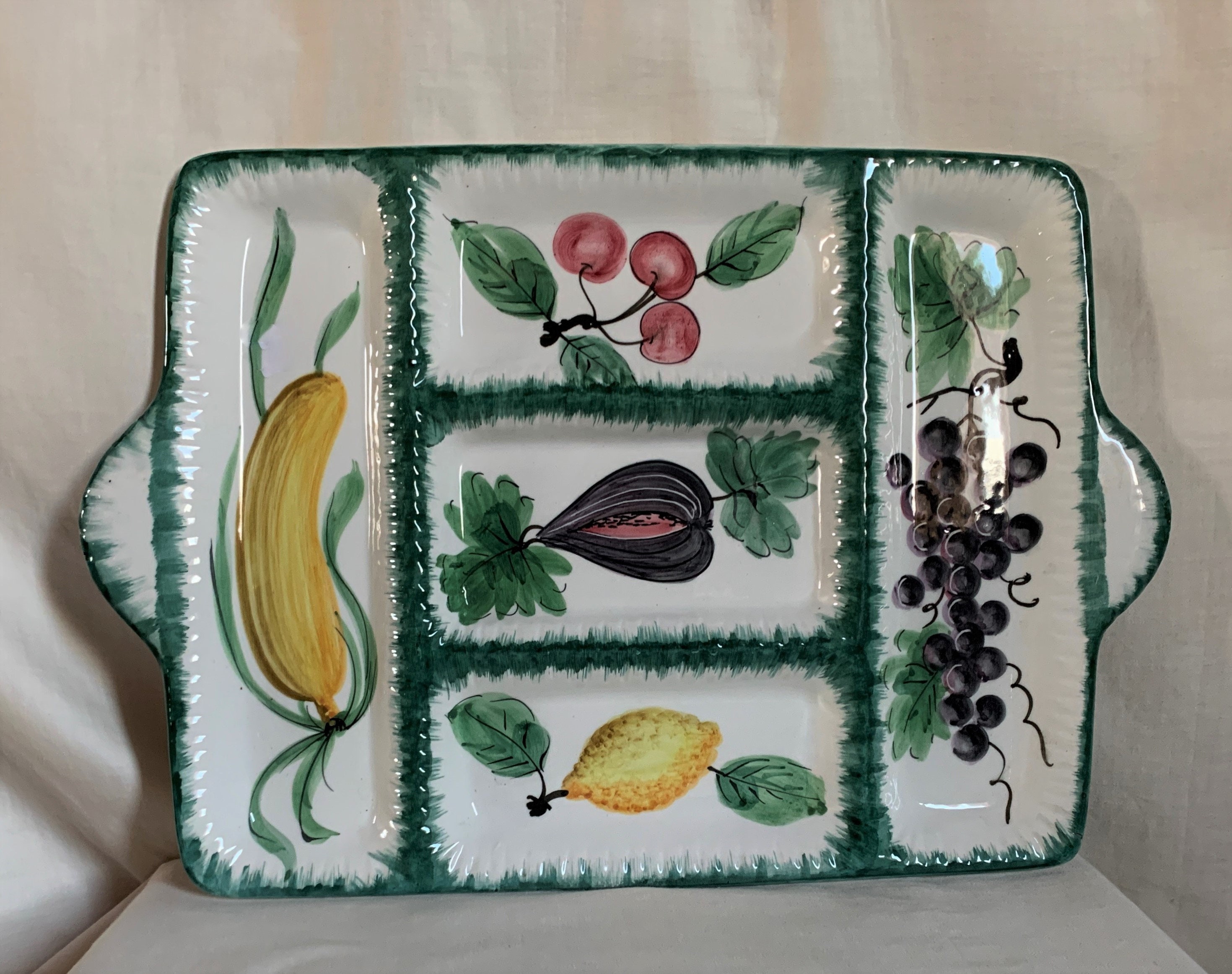 Italian ceramic. Large centerpiece serving tray. Compartments for appetizers. Vintage 1970s, signed.