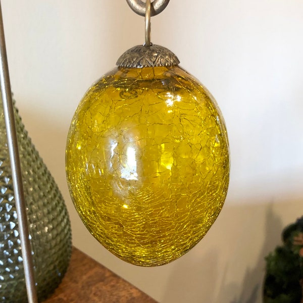 Vintage Crackle Glass Amber Yellow Egg Ornament Kugel Style Colored Glass Easter Christmas Holiday Decor