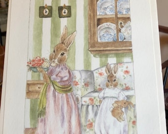 Vintage Bunny Rabbit Art Print: Signed Doreen Coley Nursery Decor