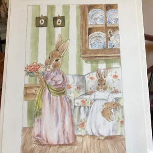 Vintage Bunny Rabbit Art Print: Signed Doreen Coley Nursery Decor