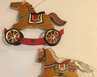 Vintage Christmas Ornaments Rocking Horses with Wheels Wooden Holiday Decor Made in Taiwan Hanging Decoration Old World Christmas