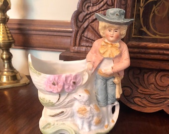 Vintage German Bisque Spill Vase: Boy with Dog, Shabby Chic Decor