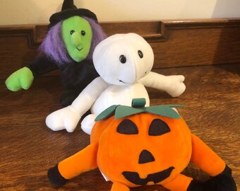 Halloween Decor Beanbag Stuffed Plush Dolls Pumpkin Jack-O'-Lantern Witch and Ghost Vintage Toys