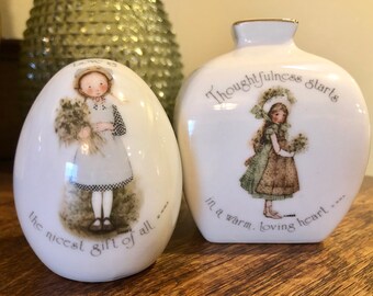 Holly Hobbie Bud Vase and Egg 1970′s Vintage Collectibles Kid Baby Nursery Decor American Greetings