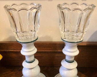 Dansk Candlesticks Christianshavn White with Green Stripes Plus Glass Inserts Vintage Decor Contemporary Coastal Grandmother Denmark Danish