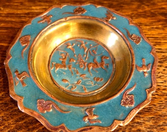 Vintage Chinese Enamel Dish: Brass Copper Horsemen Bird Decor