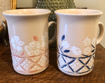 Vintage Churchill England Mugs: Floral Lattice Coffee Cups, 1980s