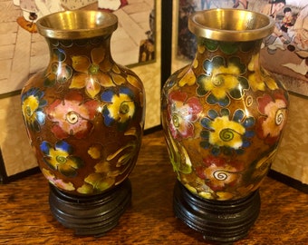 Miniature Cloisonné Flower Vases Vintage Chinese Enamel Plus Wood Stands Amber Brown Cloisonne Asian China Dream Apartment Decor