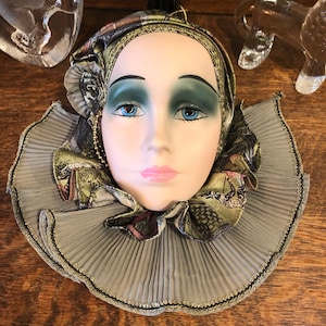 Porcelain Face Mask Green Gables Creations Woman Art Deco Style Vintage 1980&#39;s Wall Art Hanging Hand Painted Ceramic Art