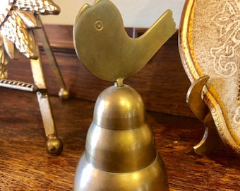 India Brass Bell Vintage with Etched Bird Handle Ringing Table Cottagecore Primitive Brass Decor Beehive Shape Teacher Gift Dinner Bell