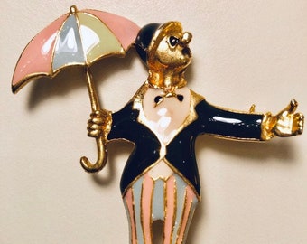 Vintage Enamel Clown Brooch: Pastel Umbrella Jester Pin