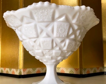 Vintage Westmoreland Glass Compote: White Old Quilt Pattern Footed Bowl
