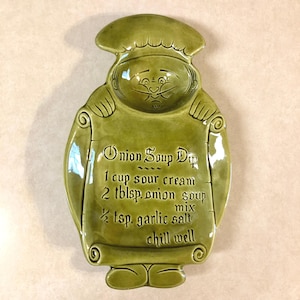 Vintage California Pottery Chip Dip Platter: Avocado Green Chef, Onion Soup Recipe