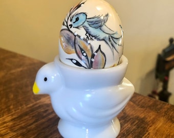 Vintage Easter Opalex France Milk Glass Egg Cup Baby Chick PLUS Hand Painted Ceramic Egg Holiday Decor Mid Century 1960&#39;s