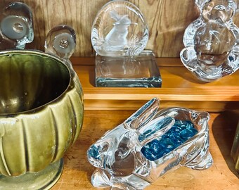 Vintage Sasaki Crystal Glass Bunny Dish: Heavy Glass Easter Decor