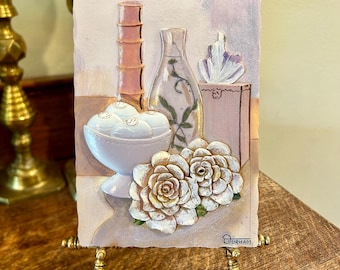 Vintage Wall Plaque: Floral Textured Ceramic Still Life Tile by Durham