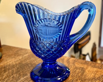 Vintage Avon 1976 Mount Vernon Footed Creamer Fostoria Glass Cobalt Blue Washington President's Day