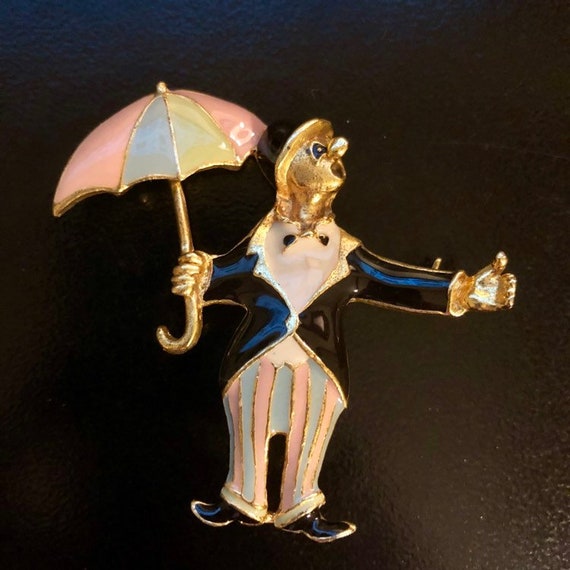 Vintage Jewelry Clown Pin Brooch With Umbrella Enamel Pastel