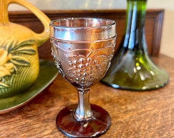 Dugan Carnival Glass Cordial: Golden Harvest Amethyst Grapes, Antique Wine Glass