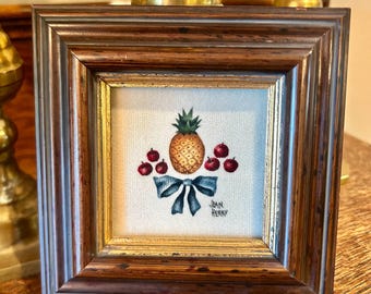 Jean Henry Miniature Theorem Painting: Folk Art Pineapple Signed Framed Americana Art
