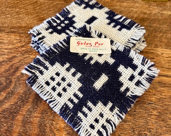 Gwlan Pur Wool Tapestry Coaster Set: Vintage Welsh Table Linen Rock Mills Wales Blue and White