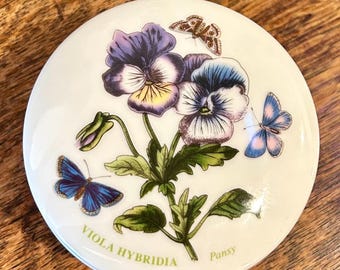 Portmeirion Botanic Garden Round Lidded Treasure Box Pansy VIOLA HYBRIDIA Vintage Collectible Ceramic Kitchen Dining