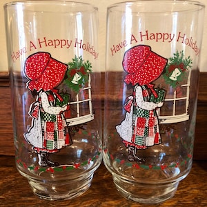 Holly Hobbie Christmas Glasses Pair Coca Cola Limited Edition Two American Greetings Drinking Tumblers Vintage 1970&#39;s Milk for Santa