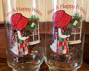 Holly Hobbie Christmas Glasses Pair Coca Cola Limited Edition Two American Greetings Drinking Tumblers Vintage 1970's Milk for Santa