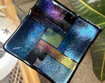 Iridescent Art Glass Square Dish Paul Hathcoat: Dichroic Fused Glass Signed 1992
