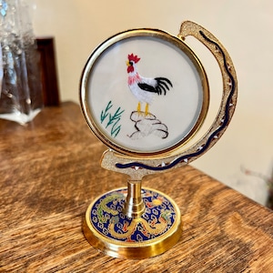 Brass Cloisonné Enamel Vintage Chinese Suzhou Silk Embroidery Screen Rooster Asian Dream Apartment Decor