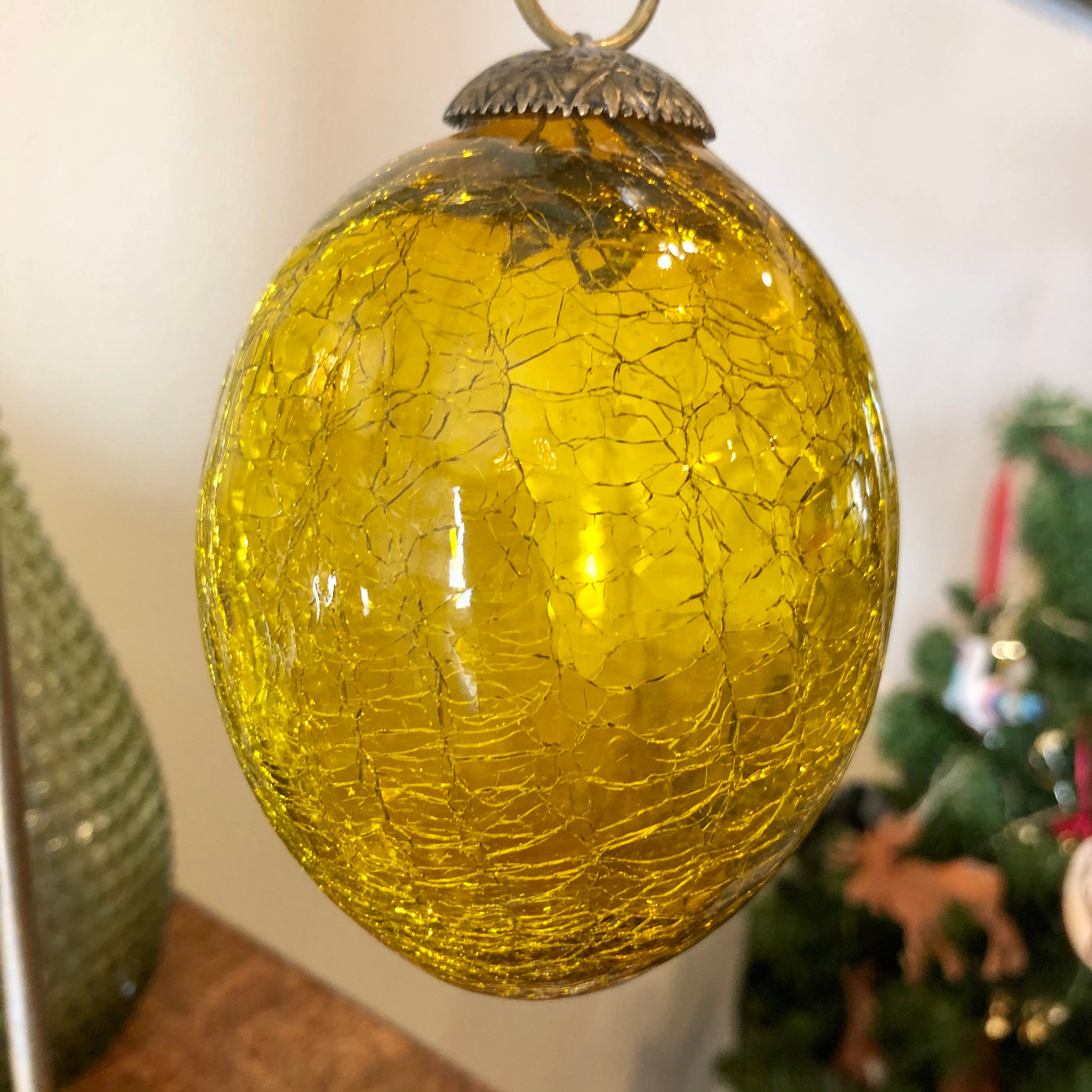 Vintage Crackle Glass Amber Yellow Egg Ornament Kugel Style Etsy