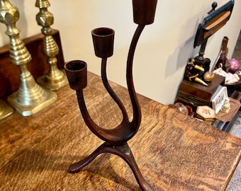 Vintage Mid-Century Brutalist Metal Candle Holder: MCM Wavy 3 Arm Candelabra