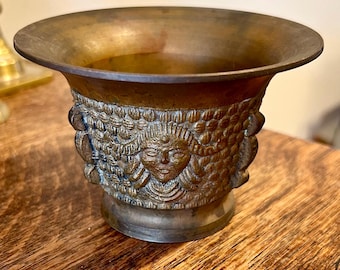 Vintage Brass Mortar: Ornate Face Design, Herb Grinding Decor