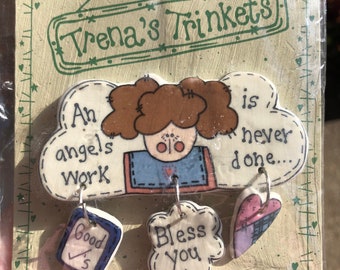 Jewelry Pin Thank You Gift Trena's Trinkets Caregiver Teacher First Responder Ceramic Vintage 1990's An Angels Work is Never Done Brooch