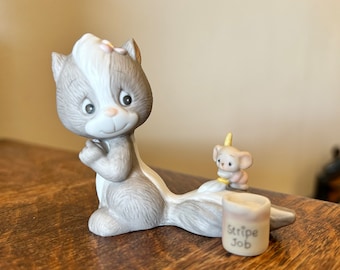 Vintage Enesco Ceramic Figurine: Skunk and Mouse Stripe Job, 1987