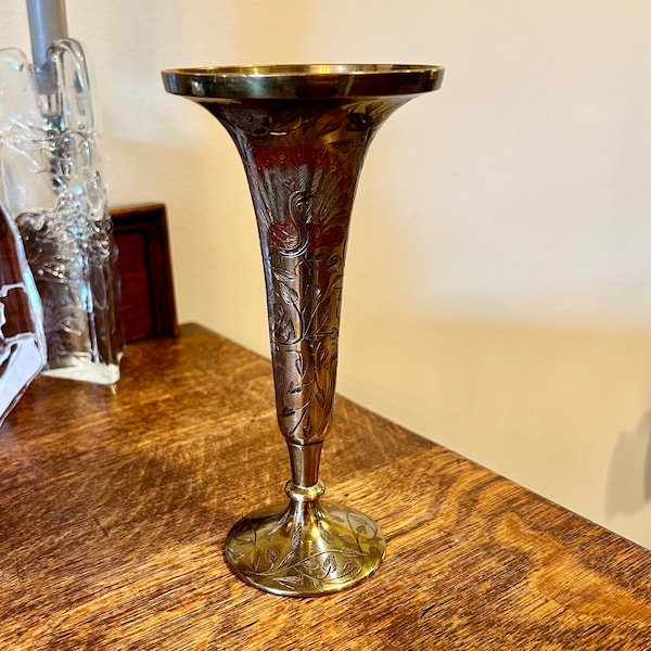 Etched Brass Trumpet Vase Vintage India Brass Decor Footed Vase Boho Style Gold Tone Metal Floral Vase