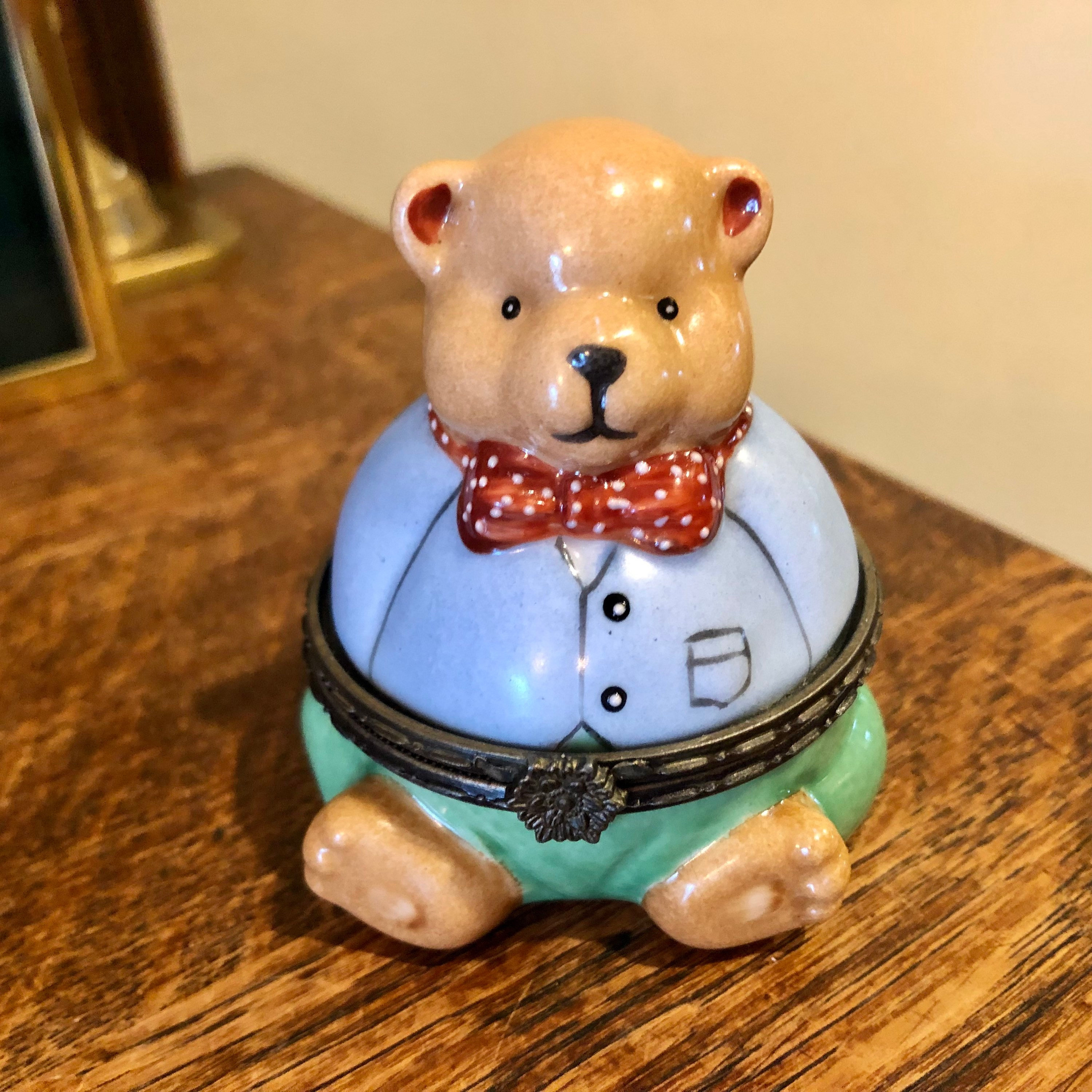 Vintage Teddy Bear Trinket Box: Porcelain Papa Bear With Bow Tie