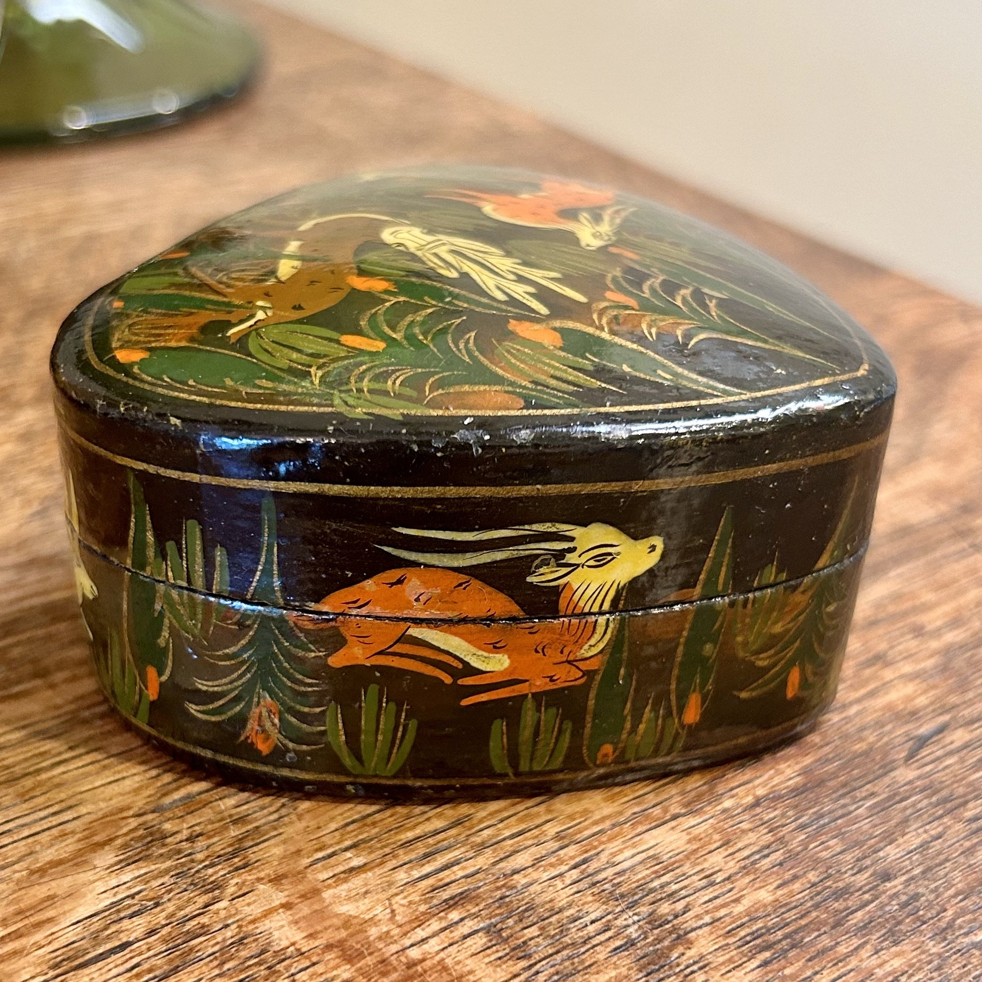 Vintage Kashmir Paper Mache Box: Handcrafted Animal Trinket Decor