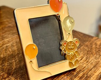 Miniature Teddy Bear Hallmark Photo Frame Gold Tone Metal and Enamel Vintage 1981