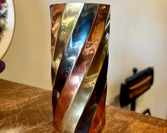 Brass and Copper India Tri-Color Swirl Vase Vintage 1980s Decor