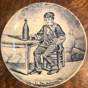 Boch Delfts for Royal Sphinx Blue and White  Coaster Le Vin Ordinarie Drinking Man at Table Vintage 1960&#39;s Delft