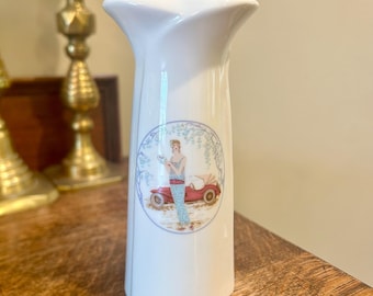 Art Deco Bone China Bud Vase: Lady and Antique Car, 1980s Taiwan