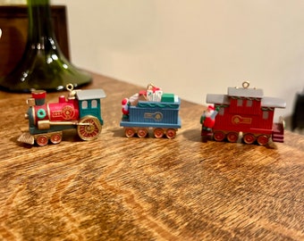 Hallmark Train Christmas Ornaments Three Vintage 1991 Claus and Co Series Railroad Hanging Holiday Decor